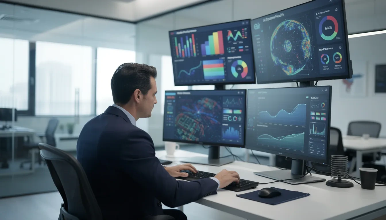 A professional engineer is working with multiple AI monitoring systems in a modern office, utilizing advanced machine learning tools and generative AI models to analyze raw data and solve complex problems. This environment reflects the growing demand for AI skills and technologies in today's job market, highlighting the role of AI engineers in shaping business strategies and enhancing decision-making processes.